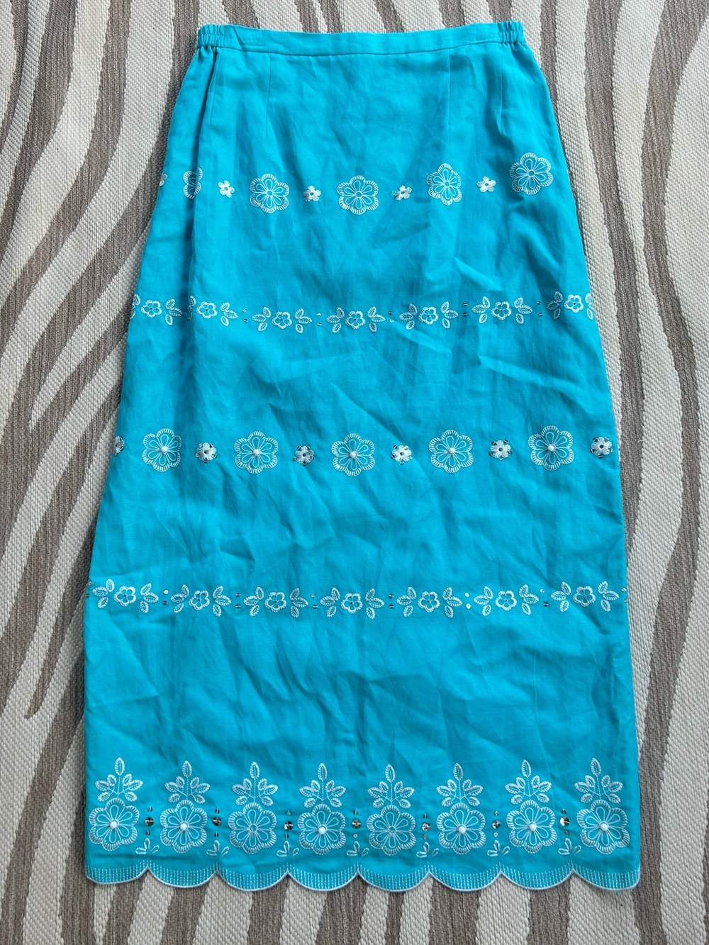 Vintage Linen Turquoise Embroidered Floral Midi Skirt